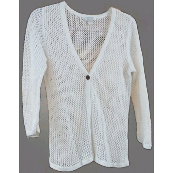 Christopher & Banks White Knit Open Cardigan Womens Small 1 Button Sheer Crochet - Picture 1 of 7